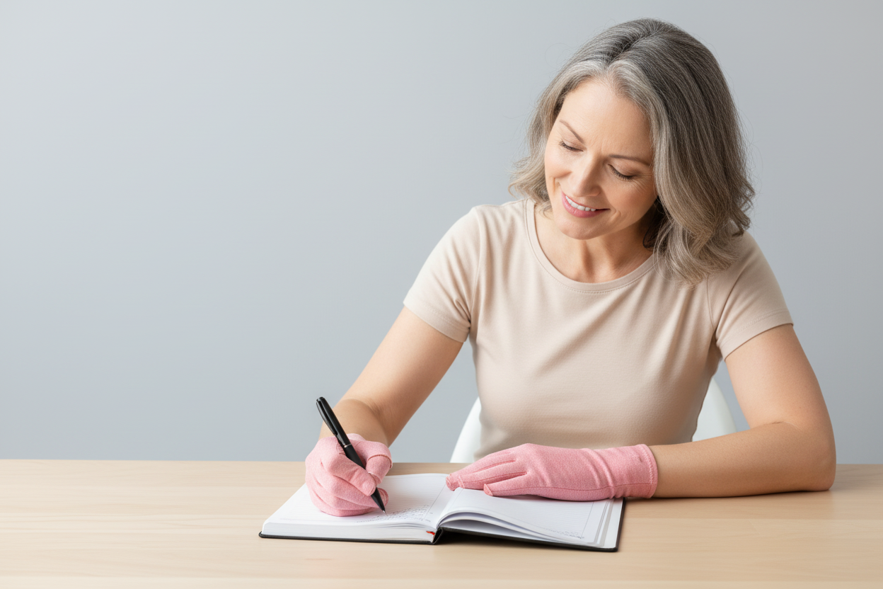 Femme écrivant dans un agenda avec des gants de compression - fond neutre
